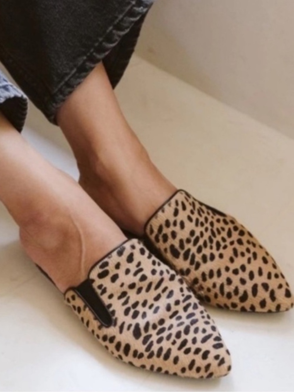 Jenni Kayne Mules Cow Hair Slip Ons Pointed Toe in Leopard Print